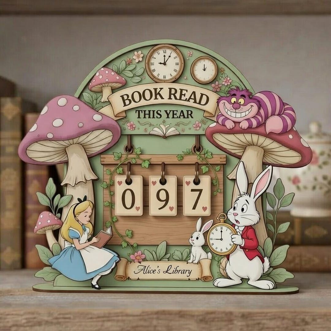 Alice Library Alice in Wonderland Books Read Tracker Sign, Wooden Reading Log Sign ...