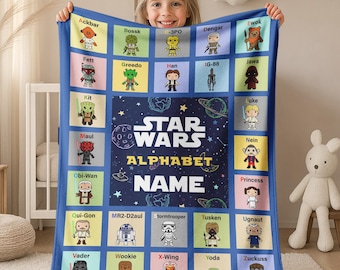 Customized Name Star War Characters Alphabet Blanket, Star Wars Blanket, Disney Star Wars Fleece Mink Sherpa Blanket, Birthday Gift C1J321