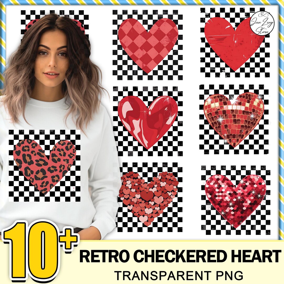 10 Coquette Valentines Day Heart PNG Bundle, Retro Checkered Heart PNG ...