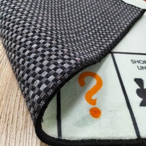 May include: A close-up of a Monopoly game board rug. The rug has a black and gray checkered pattern on the back. The front of the rug has a light green background with an orange question mark and black game board elements.