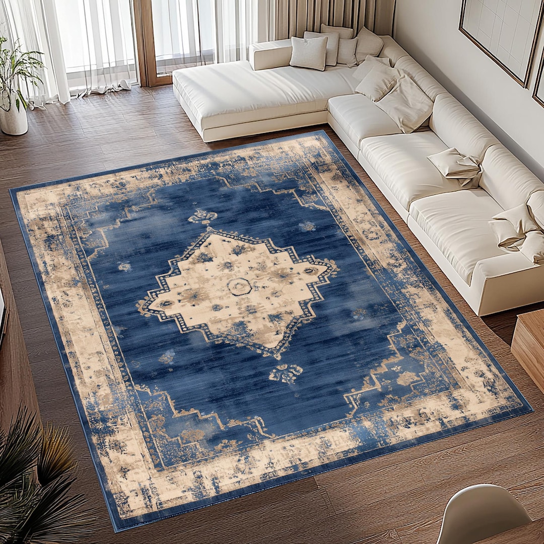 Distressed Medallion Rug: Blue Beige Vintage Style Carpet, Classic ...