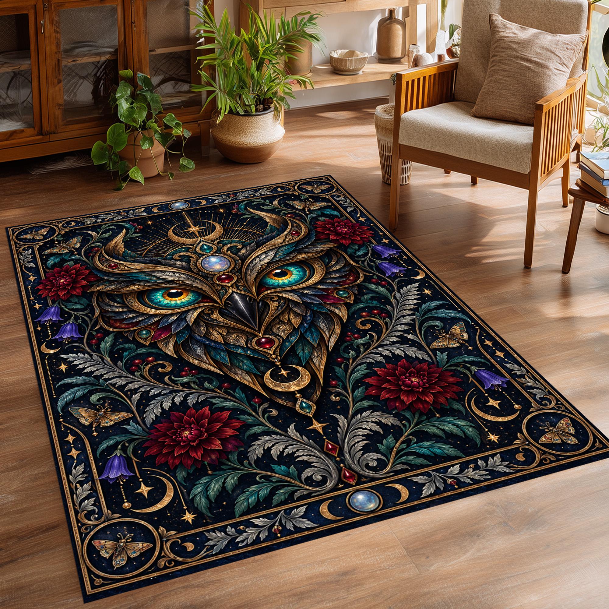 Celestial Owl Rug: Gold Moon, Teal Feathers, Floral Moth Pattern, Gothic Mystical Night Decor