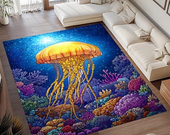 May include: A blue and yellow area rug with a large yellow jellyfish and coral reef design. The rug has a dark blue background with white stars.