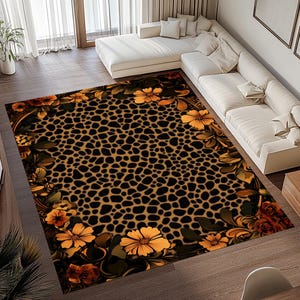 May include: A brown and black area rug with a leopard print pattern. The rug has a floral border with yellow, orange, and brown flowers.