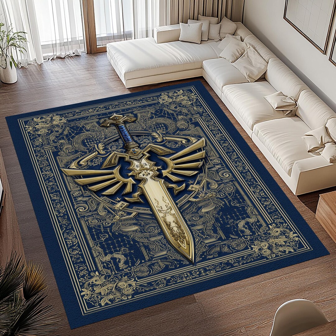 Zelda Triforce Rug: Blue Gold Sword Crest Carpet, Fantasy Hylian Symbol ...