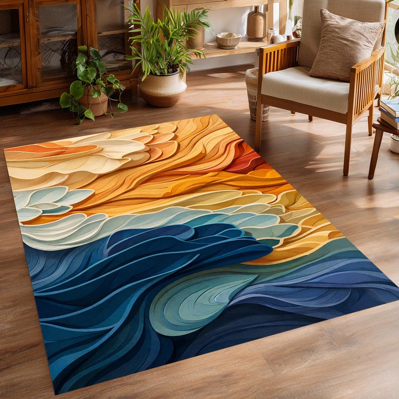 Mid Century Abstract Rug: Colorful Orange Blue Waves, Layered Retro ...