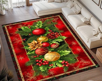 Vintage Christmas Floor Rug With Holly Leaves and Merry Christmas