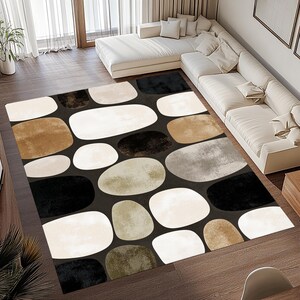 Abstract Geometric Rug: Black Beige Organic Shapes Carpet, Modern Minimal Pattern, Neutral Artistic Decor