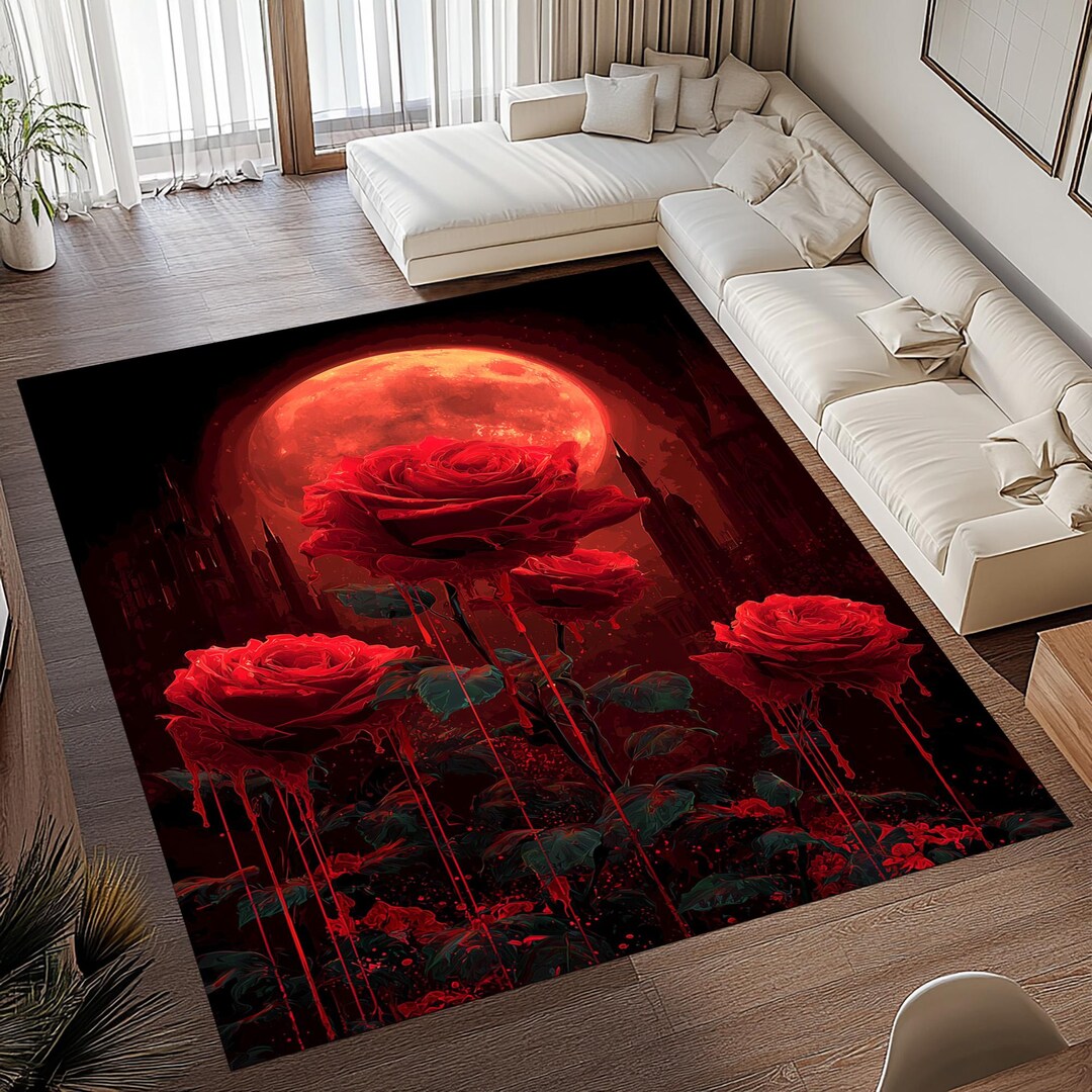 Blood Moon Rug Gothic Rose Rug: Red Moon Flower Carpet, Dark Fantasy Pattern, Blood ...