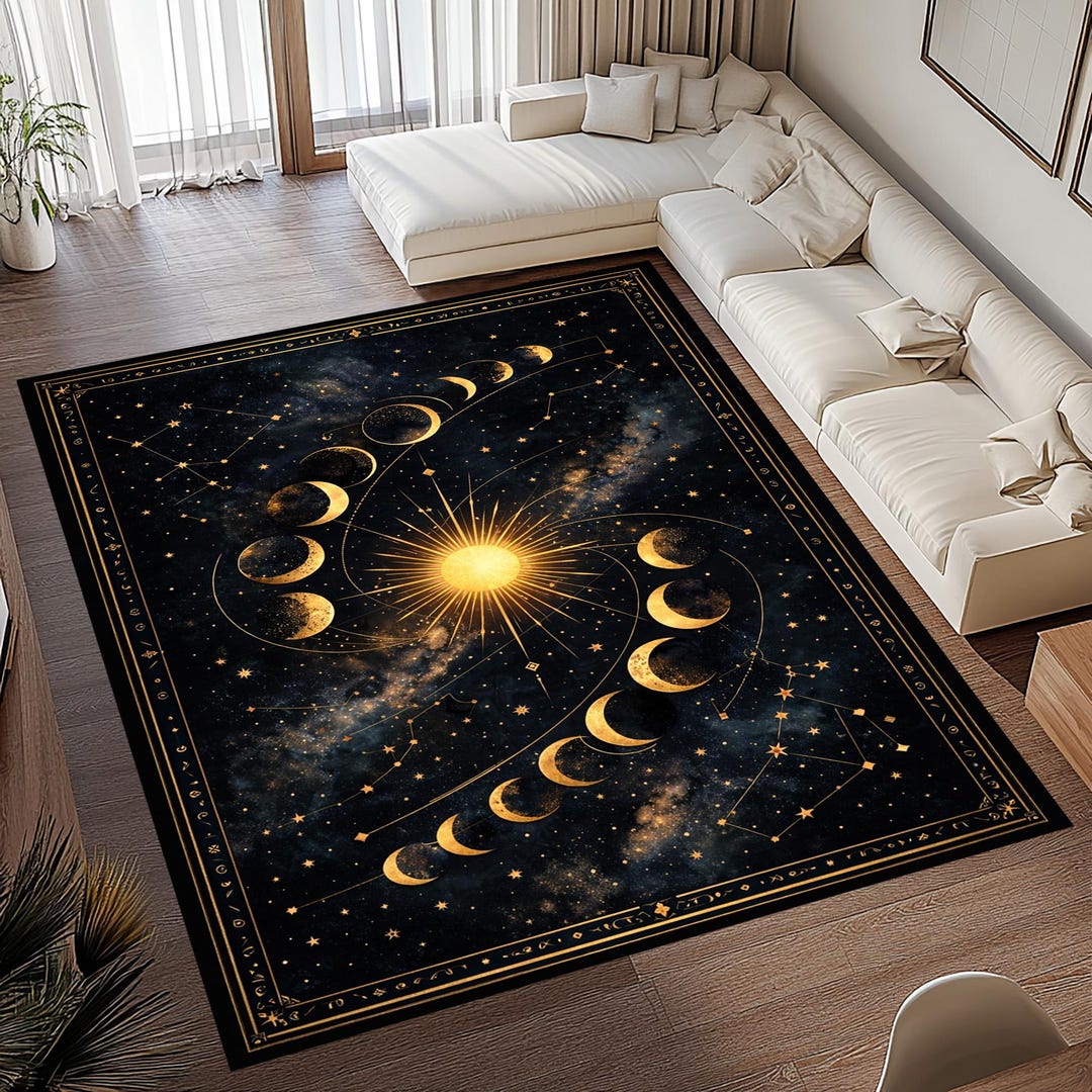 Moon Face Rug Celestial Moon Phase Rug: Gold Sun Stars Carpet, Dark Blue Galaxy ...