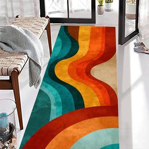 Abstract Waves Runner Rug: Teal Orange Curved Lines Carpet, Retro Geometric Pattern, Modern Decor