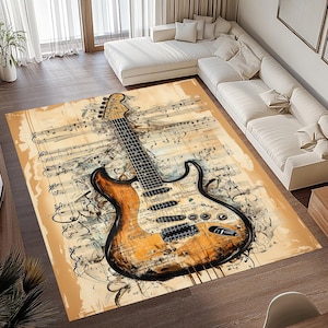 May include: A vintage-style rug featuring a brown and black electric guitar with a faded, distressed look. The guitar is set against a background of musical notes and abstract designs.