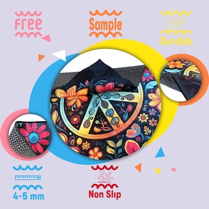 May include: A colorful, non-slip mat with a peace sign design, surrounded by flowers in shades of orange, pink, and yellow. The mat is approximately 4-5 mm thick and features the words "Free", "Sample", and "Durable".