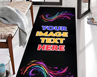 Puede incluir: Una alfombra de pasillo negra y blanca con un diseño abstracto colorido. El texto "YOUR IMAGE TEXT HERE" está impreso en el centro de la alfombra.