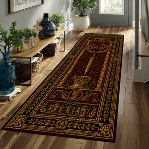 Può includere: Un tappeto runner rettangolare con sfondo bordeaux e design dorato a tema romano. Il tappeto presenta un pannello centrale con una spada, le lettere SPQR ed elementi architettonici classici. Il bordo è nero con corone d'alloro dorate e motivi geometrici.
