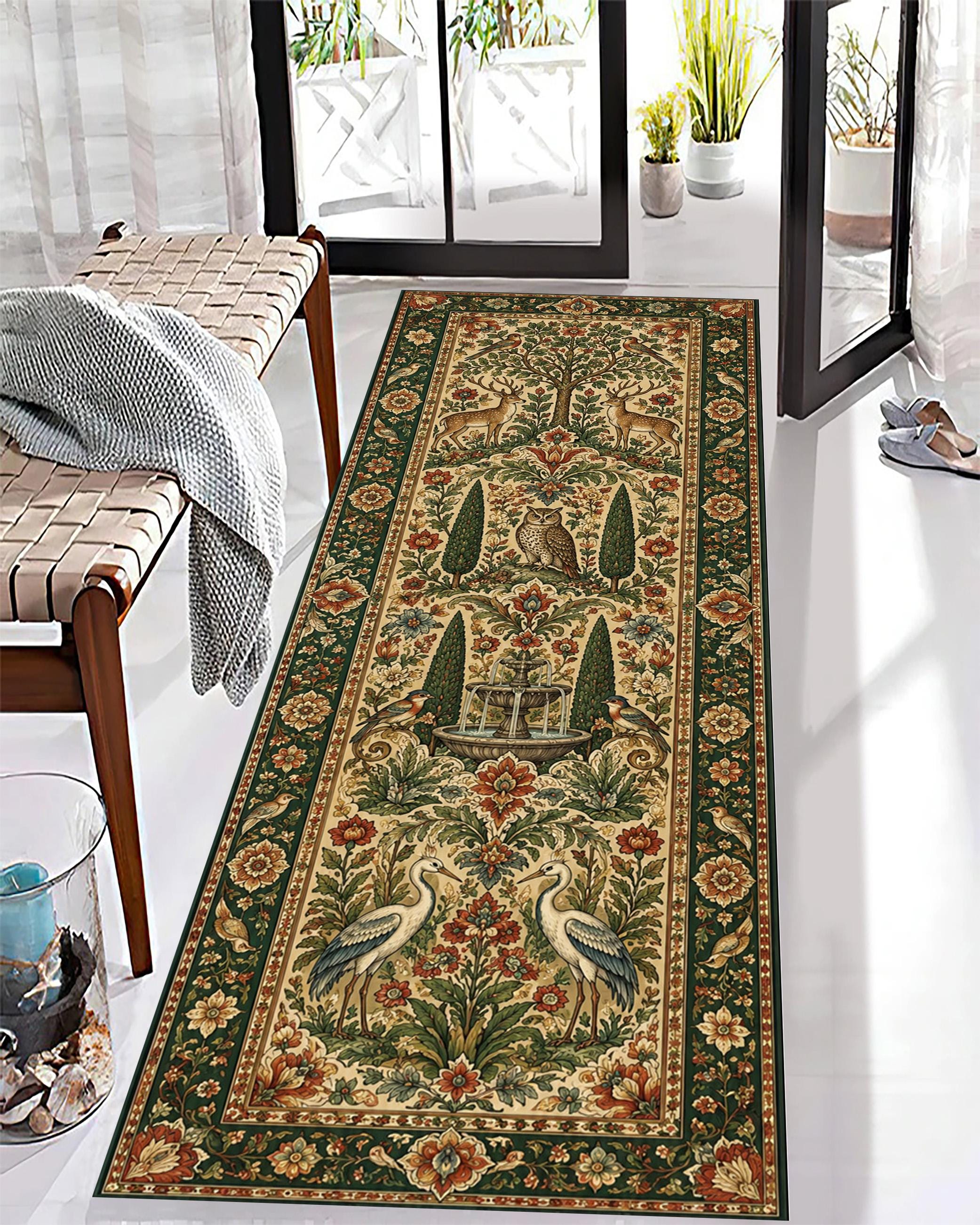Woodland Runner Rug: Deer Owl Bird Floral Carpet, Green Botanical Forest Garden Wildlife Decor