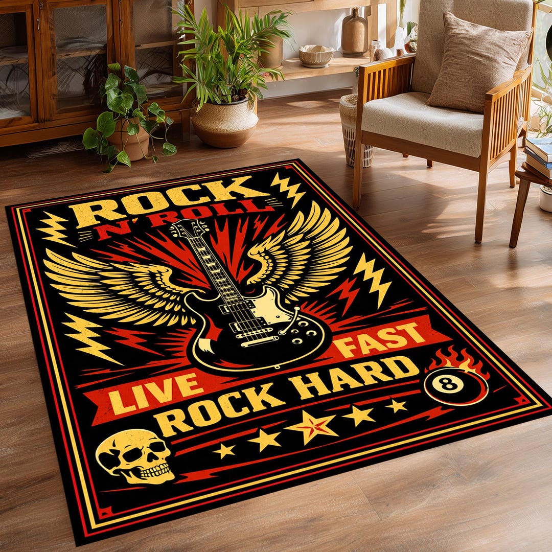 Punk Rugs Rock Music Rug: Guitar Wing Pattern Carpet, Black Red Retro Design ...