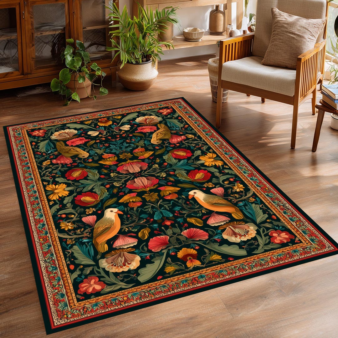 Floral Birds Rug: Dark Green Red Pattern, Vintage Style Printed ...