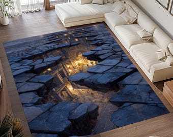 May include: A rectangular area rug featuring a surreal design of a cracked surface revealing a detailed architectural scene with warm lighting. The rug's color palette includes shades of blue, gray, and gold, creating a dramatic and artistic effect.