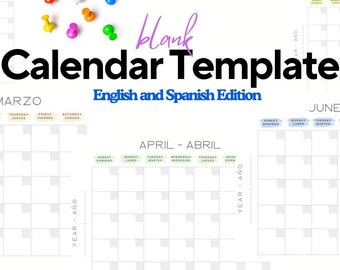 Blank English & Spanish Dual Language Calendar Template | INSTANT DOWNLOAD | 8.5 x 11 Inch | Print Ready