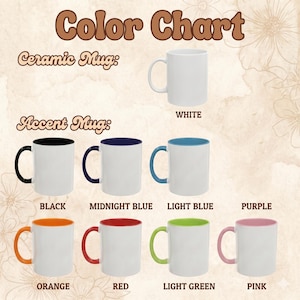 May include: A color chart displaying a white ceramic mug and seven accent mugs with colored handles and interiors in black, midnight blue, light blue, orange, red, light green, and pink. The text reads Color Chart, Ceramic Mug, and Accent Mug.