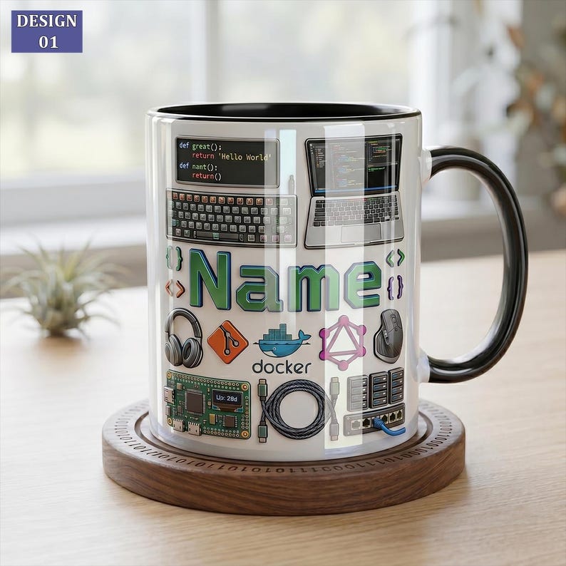 May include: A white ceramic mug with a black interior and handle, featuring a graphic print of computer hardware, code snippets, and the word Name in green. The design includes a laptop, keyboard, headphones, a Docker logo, and circuit boards.
