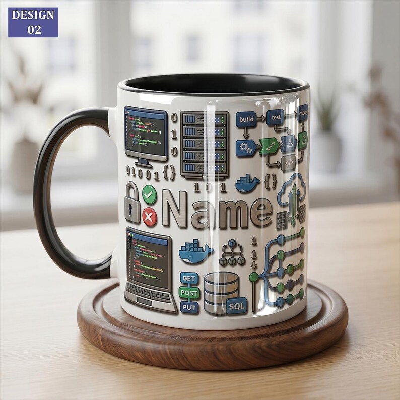 May include: A white ceramic mug with a black handle and interior, featuring a graphic print of computer code, server racks, a padlock, and various software development icons. The word Name is printed in the center of the technical design.