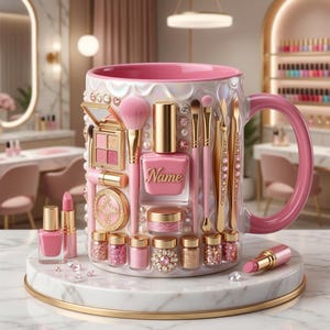 May include: A pink and white mug decorated with makeup items, including a nail polish bottle with the word "Name", makeup brushes, and lipsticks. The mug sits on a marble-like surface, with a matching handle and rim.