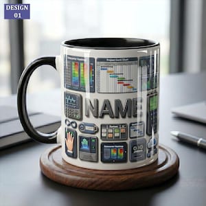 May include: A white ceramic mug with a black handle and interior, featuring a graphic print of various data charts, project management diagrams, and technical icons. The word NAME is printed in large, bold, dark grey letters in the centre.