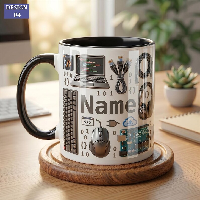 May include: A white ceramic mug with a black handle and interior, featuring a graphic print of computer hardware including a laptop, keyboard, mouse, cables, headphones, and a circuit board, with the word Name printed in the center.