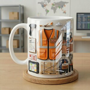 Pode incluir: Caneca de cerâmica branca com tema de logística. O design inclui um colete de segurança laranja, um avião de carga, um manifesto de envio, um tablet com um mapa e uma mala com a etiqueta "Cargo ID AAA".