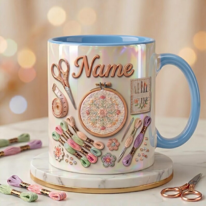May include: A ceramic mug with a light blue interior and handle, featuring an iridescent finish. The exterior displays embroidery-themed graphics including scissors, a measuring tape, a hoop, needles, and colorful thread skeins with the word Name.