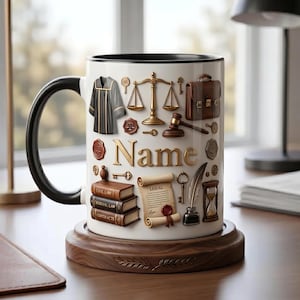 Può includere: Una tazza di ceramica bianca con manico e bordo neri, decorata con simboli legali dorati e la parola "Name". La tazza è su un sottobicchiere di legno. Il design include un martelletto, una bilancia e libri.