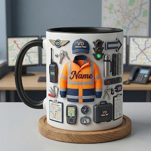 May include: White ceramic mug with a black handle and rim, decorated with various vehicle fleet-related icons. Features a high-visibility jacket with "Name" text, a cap, keys, and a route map. The mug sits on a wooden coaster.