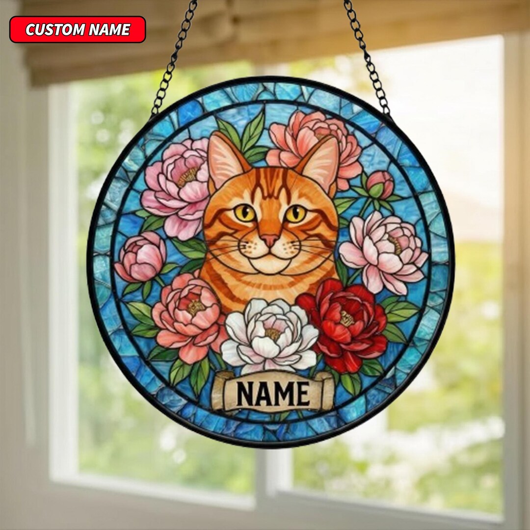 Custom Stained Glass Cat Portrait Suncatcher, Pet Memorial Window ...