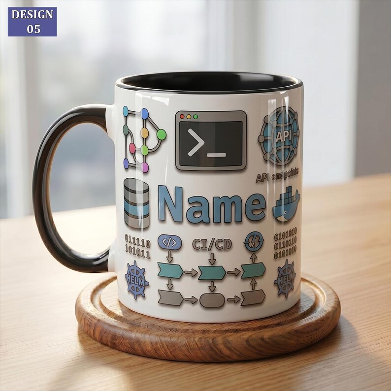 May include: A white ceramic mug with a black handle and interior, featuring a colorful graphic print of software development icons, a terminal window, a database symbol, and the word Name in blue text, with a small Design 05 label at the top.