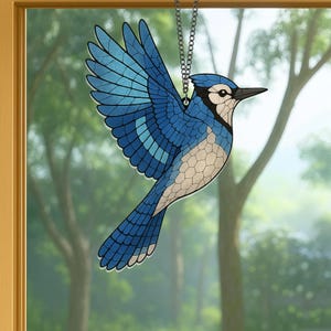 Blue Jay Bird Suncatcher, Blue Jay Bird Acrylic Stained Glass Style, Window Decor, Window Hanging, Wall Art, Gifts for Women