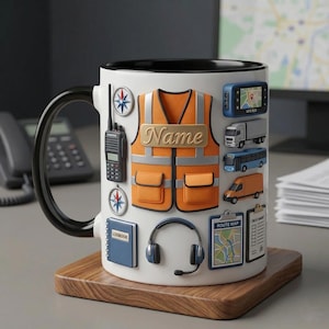 May include: White ceramic mug with a black handle and rim, decorated with orange safety vest, GPS, and other transportation-related icons. The mug has the word "Name" on the vest. The mug sits on a wooden coaster.