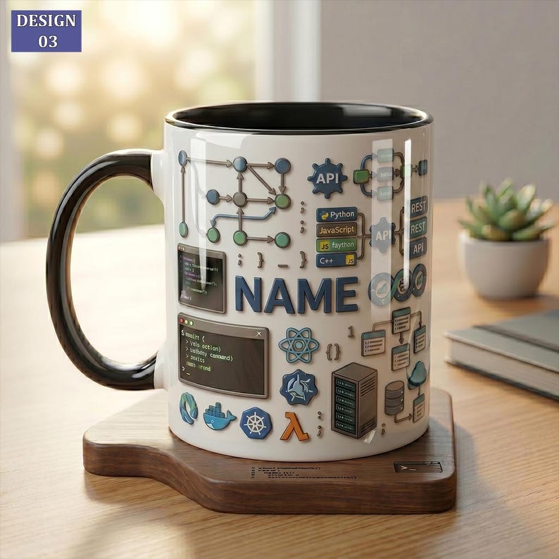 May include: A white ceramic mug with a black handle and interior, featuring a graphic print of software development icons, code snippets, and the word NAME in blue text. The design includes diagrams, server icons, and programming language labels.