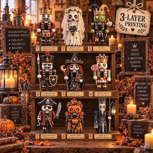 May include: A collection of nine decorative nutcracker figurines displayed on a three-tiered wooden shelf. Each figure features a unique theme, including a king, bride, jester, guard, witch, candy prince, pirate, pumpkin character, and a dark figure.