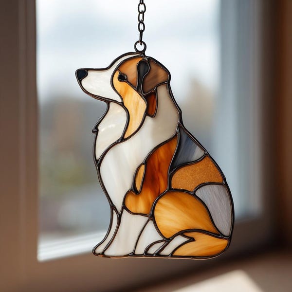 Acchiappasole in vetro colorato raffigurante un pastore australiano - Cane da appendere alla finestra fatto a mano - Vero vetro, regalo per gli amanti degli animali domestici per l'arredamento della casa