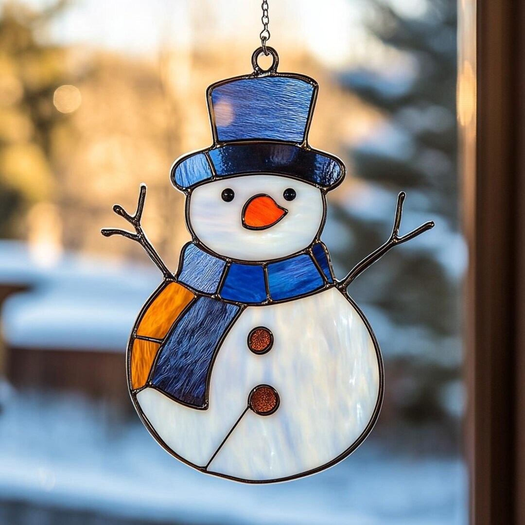 Blue Scarf Snowman Real Stained Glass Window Hanging – Handcrafted ...