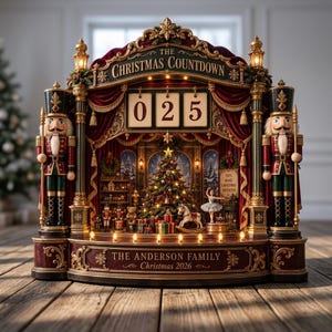 Può includere: Un espositore decorativo per il conto alla rovescia di Natale con due schiaccianoci che fiancheggiano un palco centrale con un albero in miniatura, giocattoli e una ballerina. In alto si legge THE CHRISTMAS COUNTDOWN, sulla base THE ANDERSON FAMILY Christmas 2026.