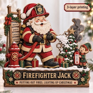 Firefighter Christmas Decor Block, Santa Firefighter Tabletop Sign, Fire Department Holiday Gift, First Responder Decor