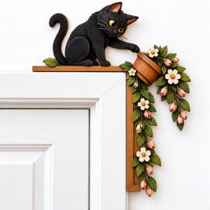 Black Cat Door Corner Decoration, Playful Kitty With Flower Pot And Cascading Blooms
