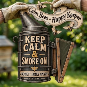 Puede incluir: Un ahumador de abejas de metal oscuro con un letrero de madera con el texto Calm Bees Happy Keeper y tres ilustraciones de abejas. El cuerpo principal muestra el texto KEEP CALM & SMOKE ON, BENNETT FAMILY APIARY y EST. 2018 con un icono de abeja.