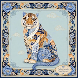 May include: A square decorative print featuring a central tiger illustration adorned with blue and white floral patterns, gold koi fish, and clouds. The border displays blue peonies and gold accents, with a label reading The Smith's Mahjong Club.