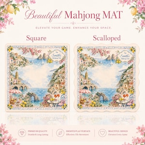 May include: Two mahjong mats featuring a coastal Italian village scene with lemons and flowers. One mat is square, the other has a scalloped edge. Both display the text The Smith's Mahjong Club, Beautiful Mahjong MAT, and Elevate your game, enhance your space.