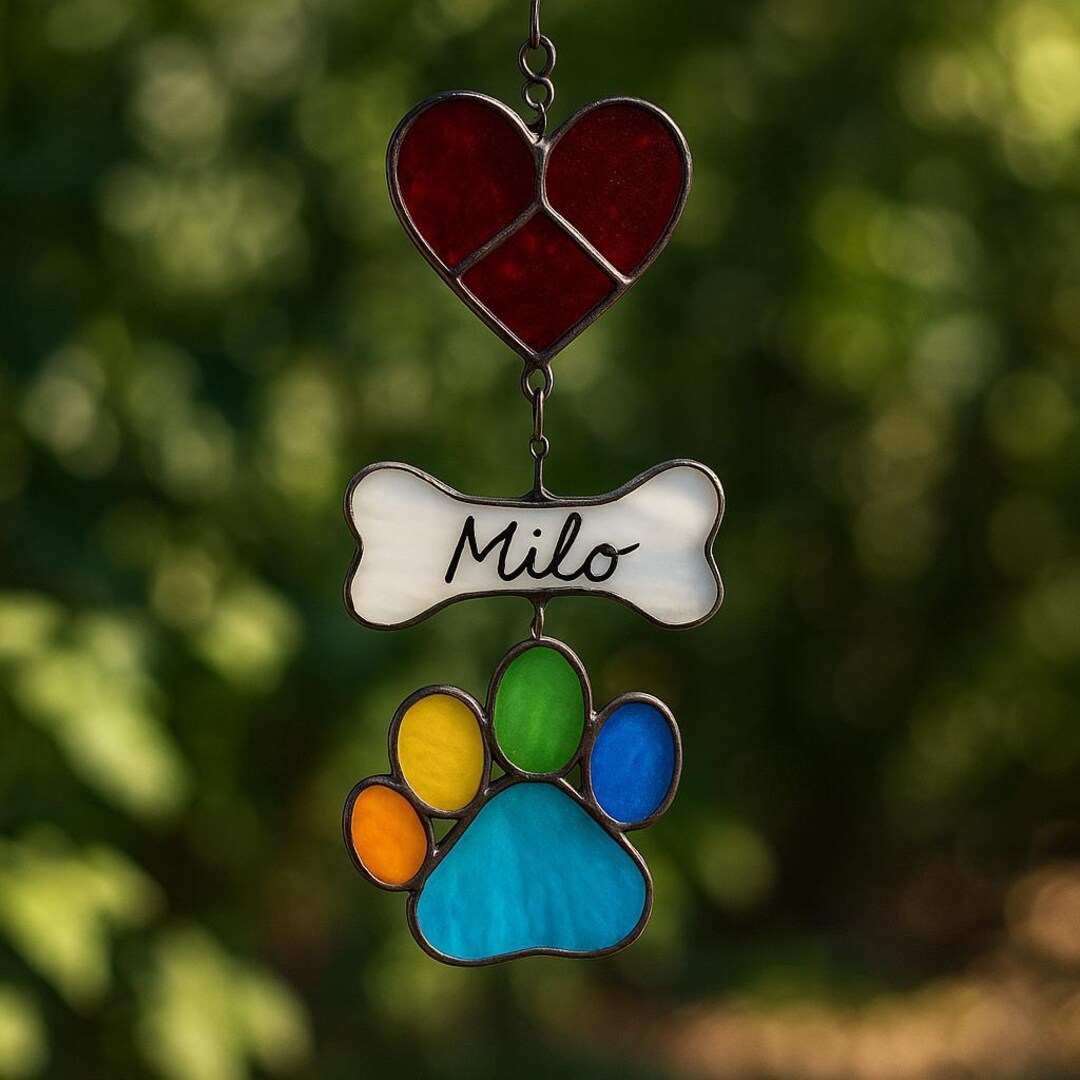 Personalized Pet Memorial Suncatcher - Stained Glass Heart Bone and Paw ...
