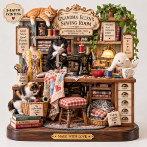 Pode incluir: Um diorama em miniatura detalhado intitulado Grandma Ellen's Sewing Room com uma máquina de costura Singer preta vintage, uma mesa de madeira com gavetas rotuladas Fabric, Thread, Buttons, Patches, Dreams e cinco gatinhos com acessórios.